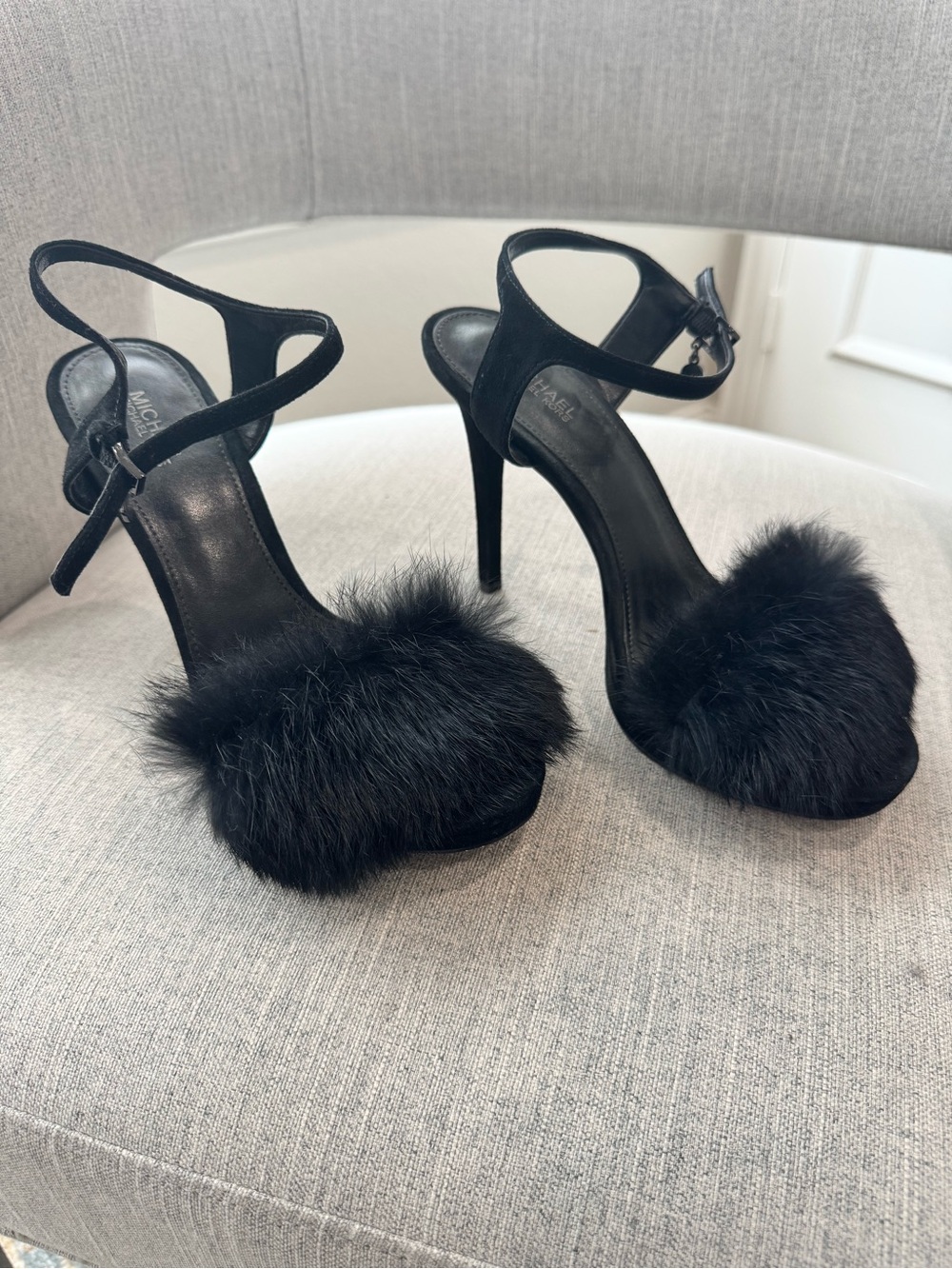 Michael Kors Black Fur Strap Stiletto Sandals
